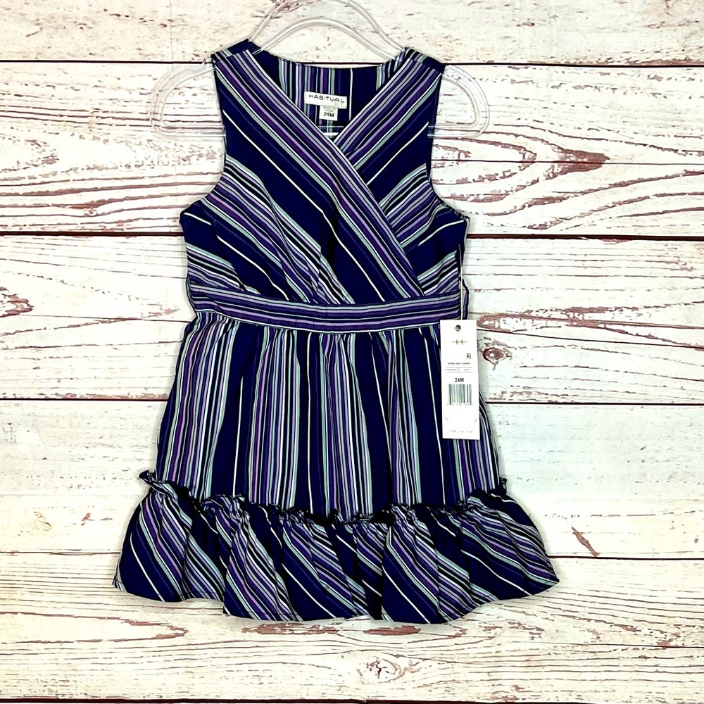 Habitual Blue Striped aRuffled V-Neck Dress Size 34 Months (Belt Missing)